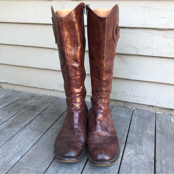Vintage Italian Brogue Oiled Brown Leather Tall Riding Western Boot Italy 41/11 - Picture 5 of 15